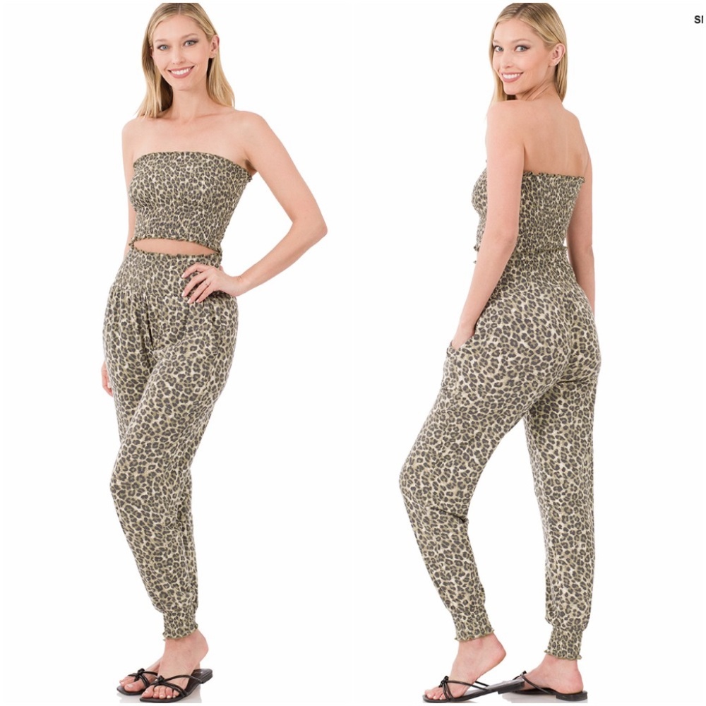 LEOPARD SMOCKED TUBE TOP & LOUNGE JOGGER PANTS